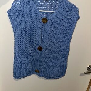Chunky Knit Blue Button-Front Women’s Sweater Vest